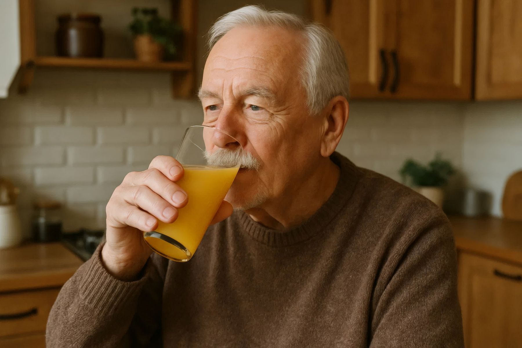 senior qui consomme des boissons hyperprotéinées, hypercaloriques