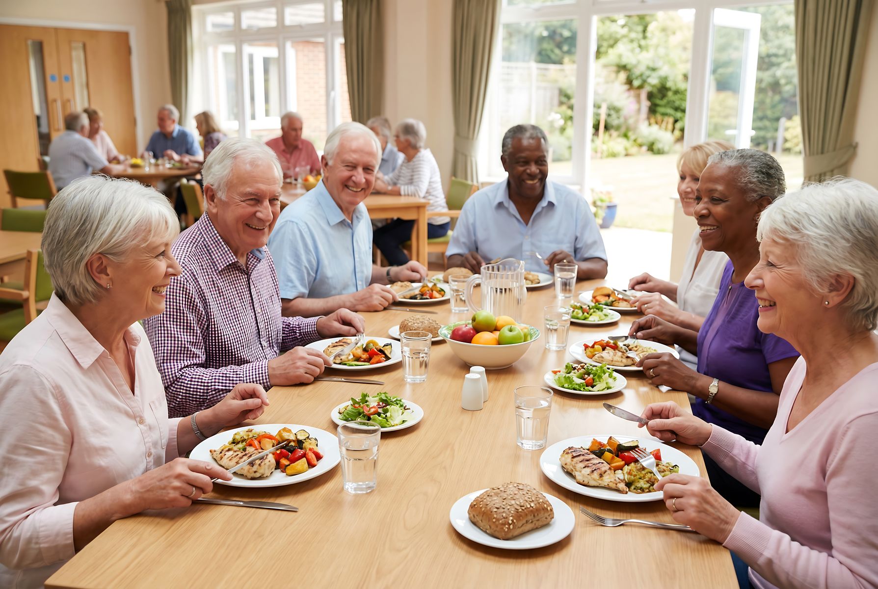 Seniors qui prennent le repas dans une salle aménagée 