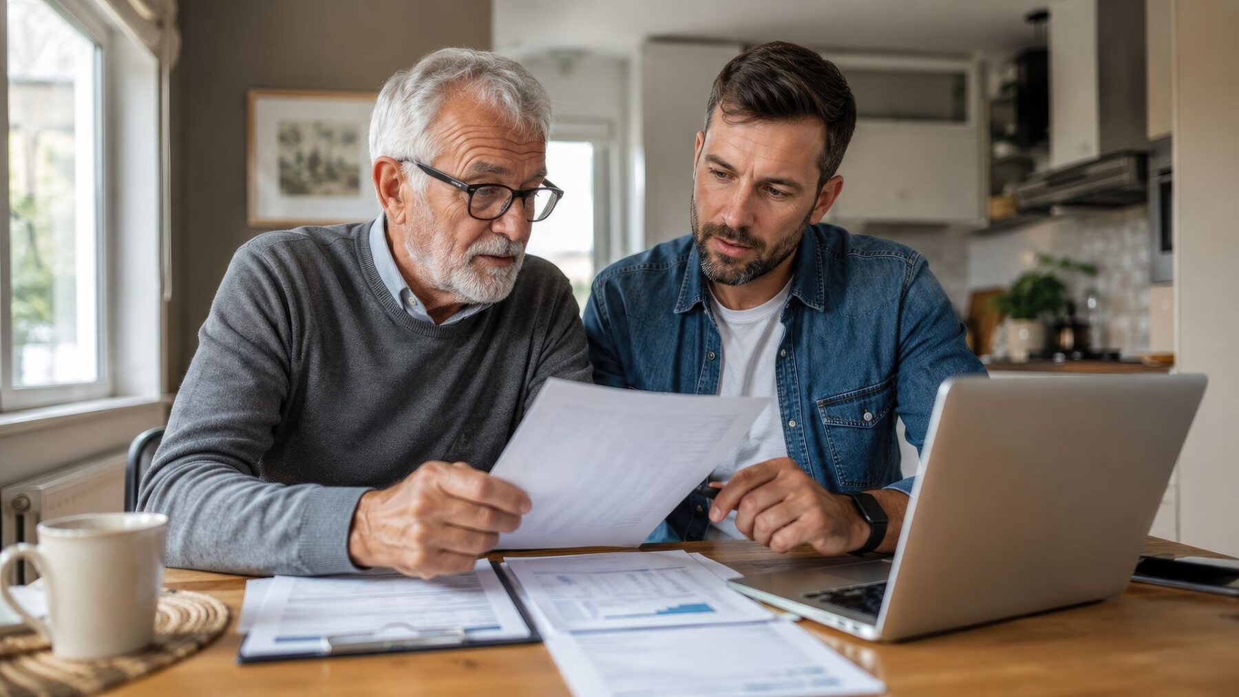 Senior avec son aidant qui préparent un dossier complet de demande d’admission