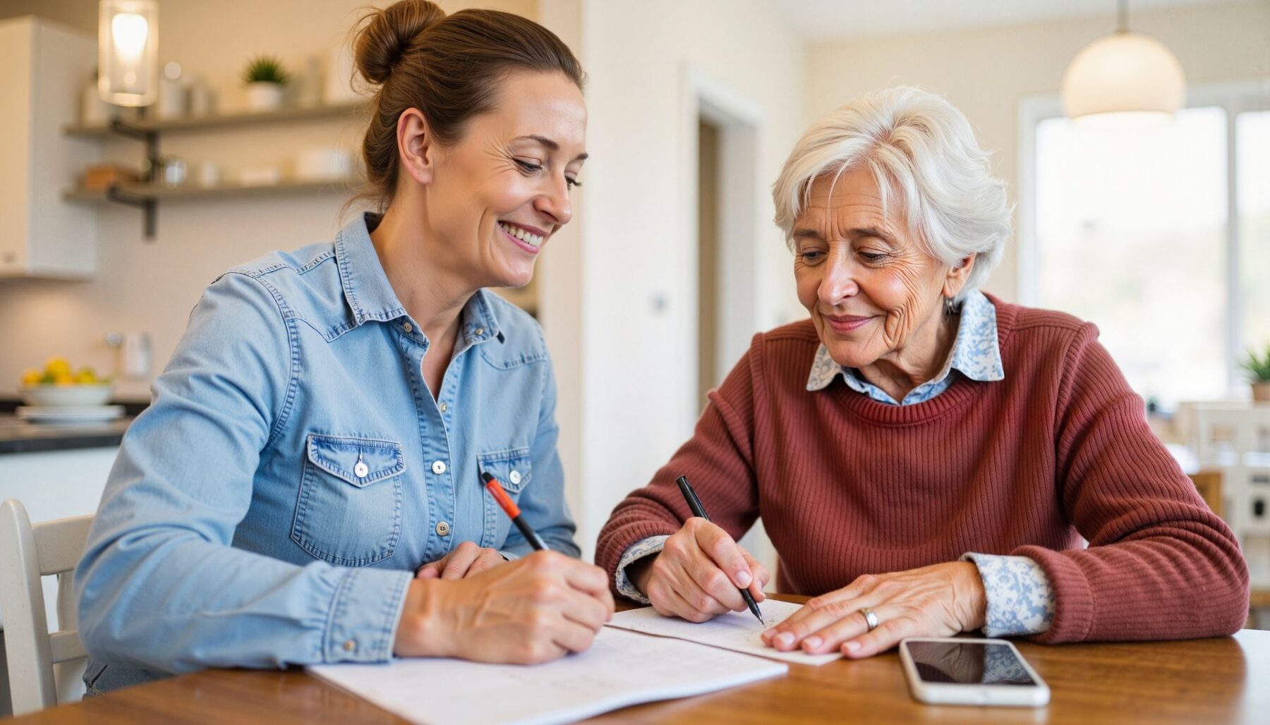 Senior et son aidante qui rédigent une lettre de préavis