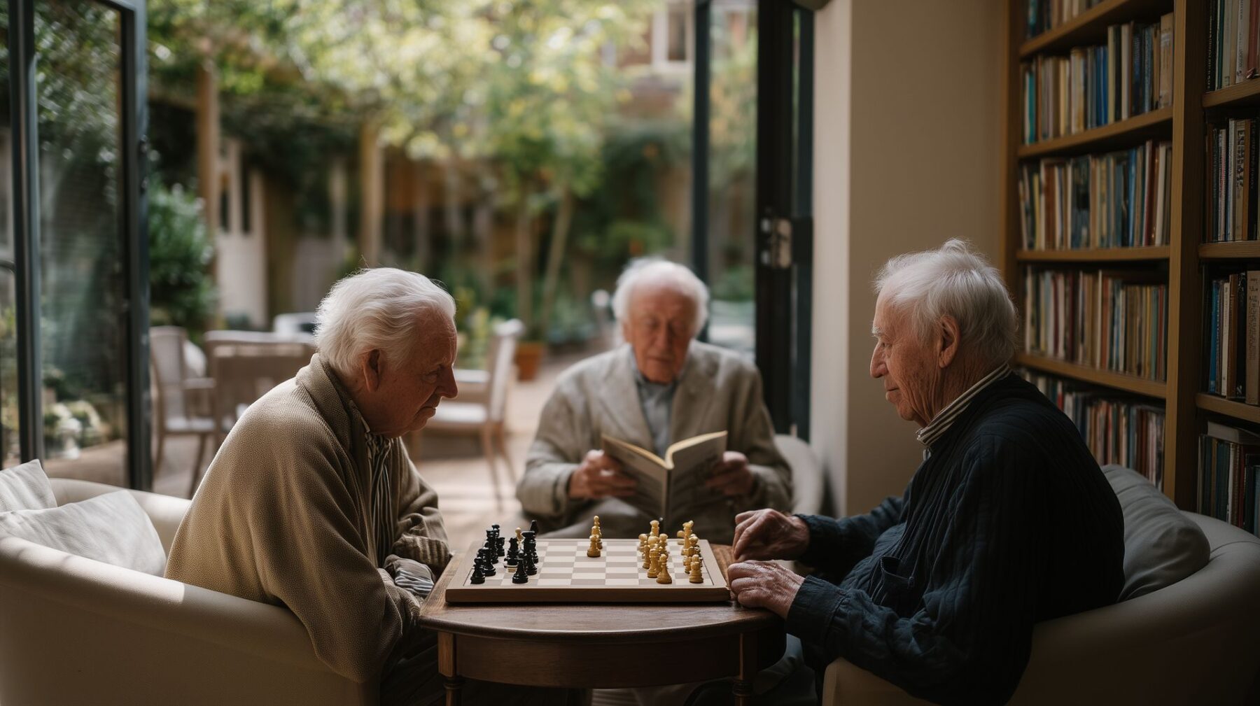 Seniors qui profitent du salon de la maison familiale partagée