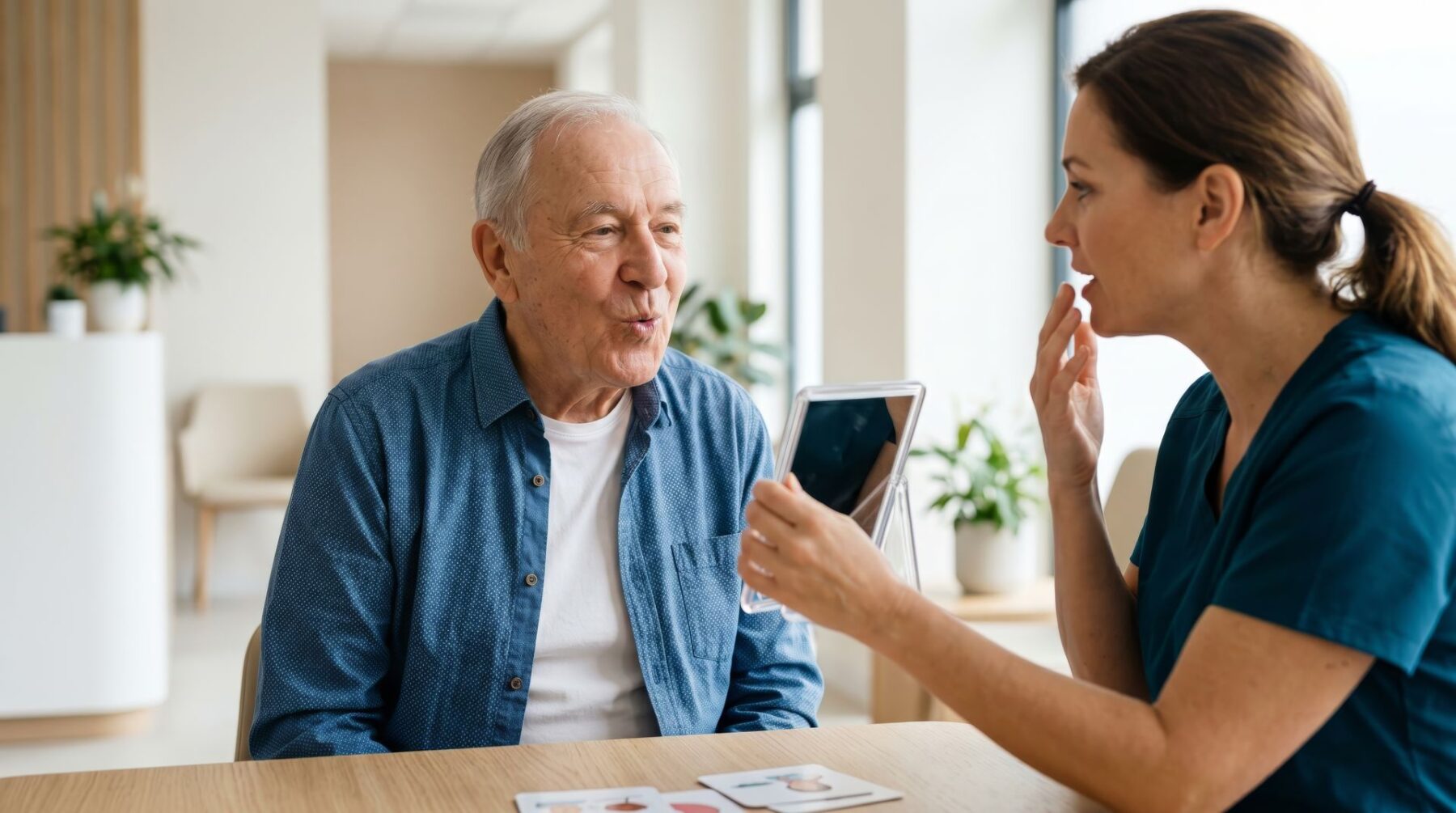 Opticienne qui aide un senior à repérer les signes d'alerte