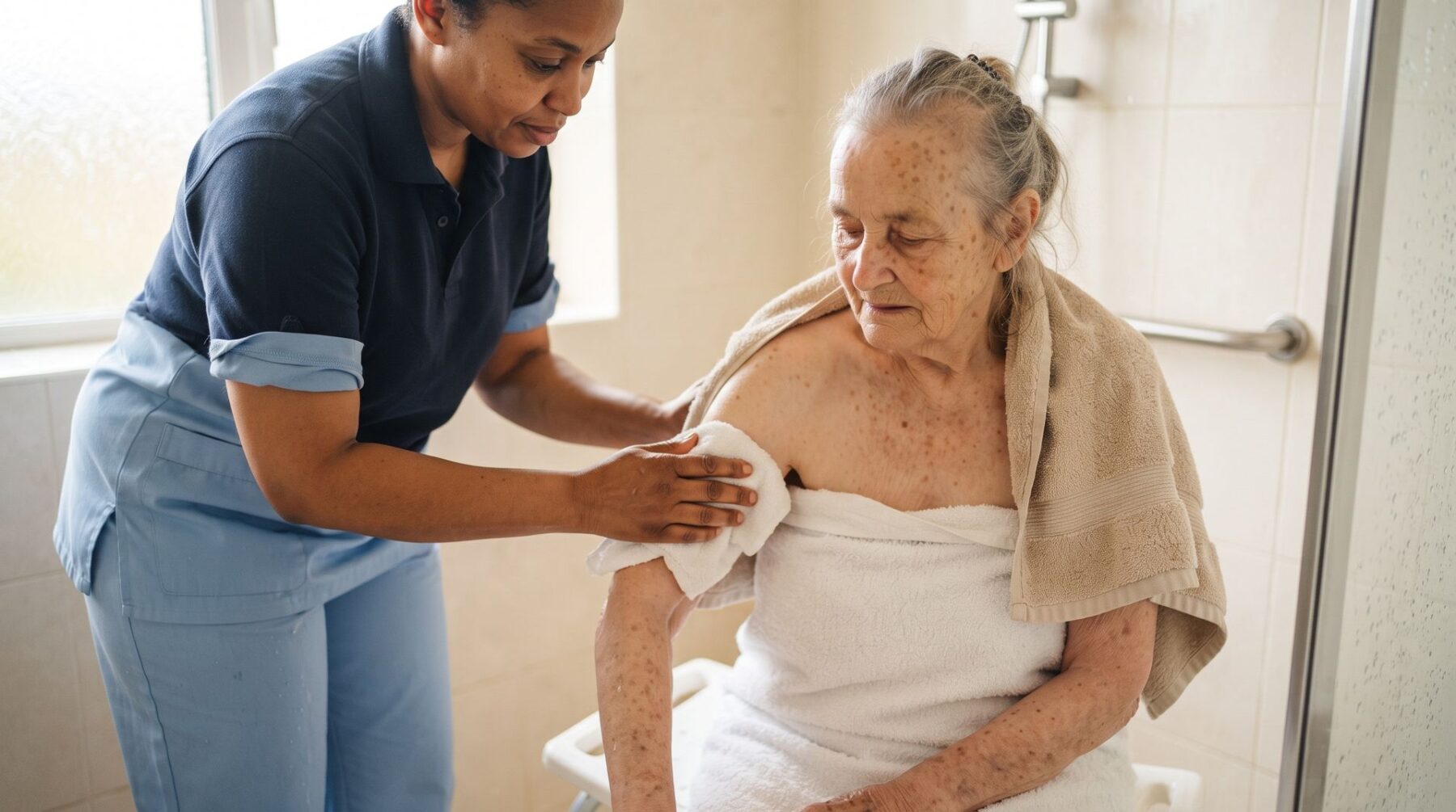 Senior accompagnée dans l'hygiène