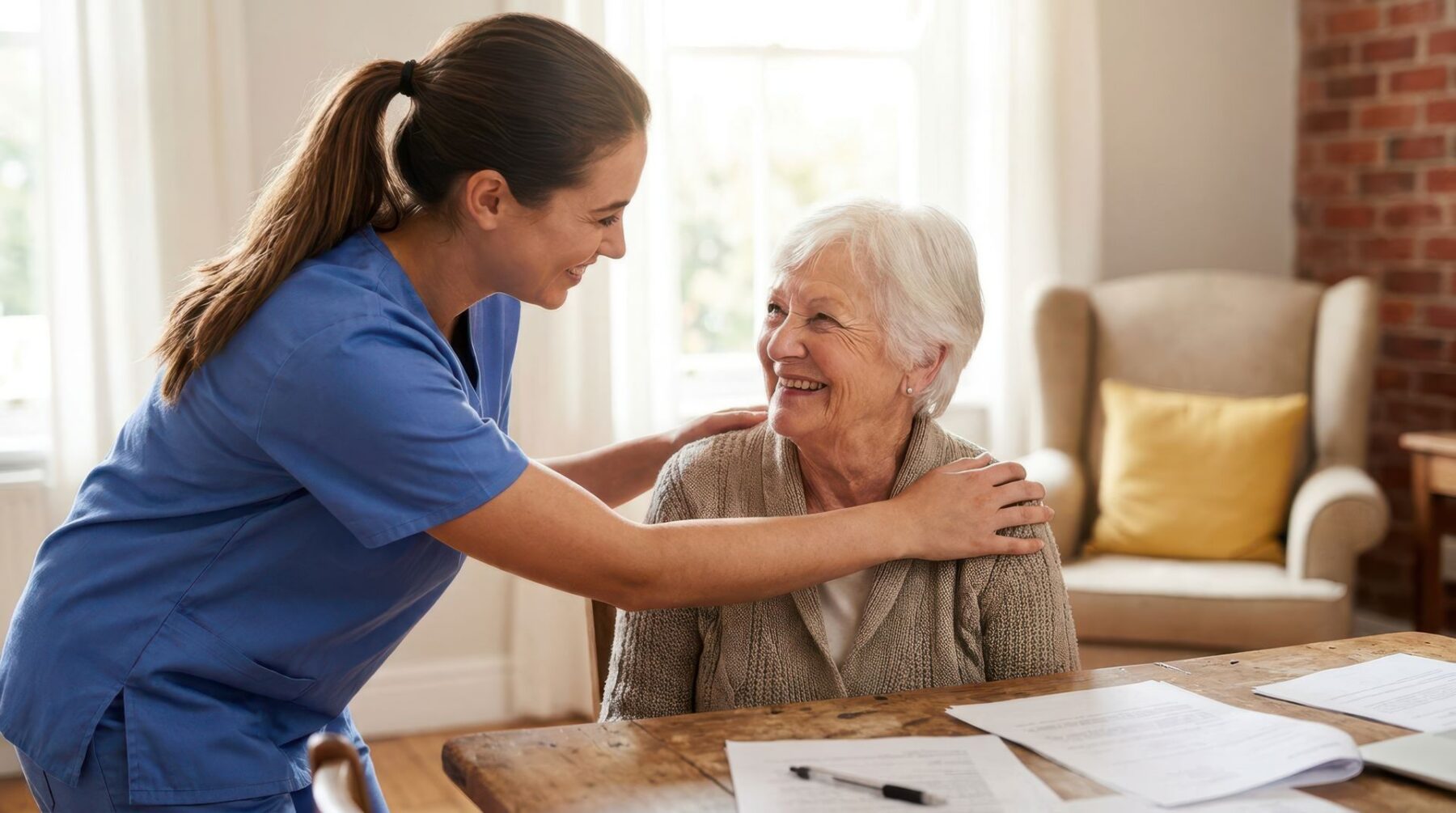 Aide à domicile qui accompagne une senior